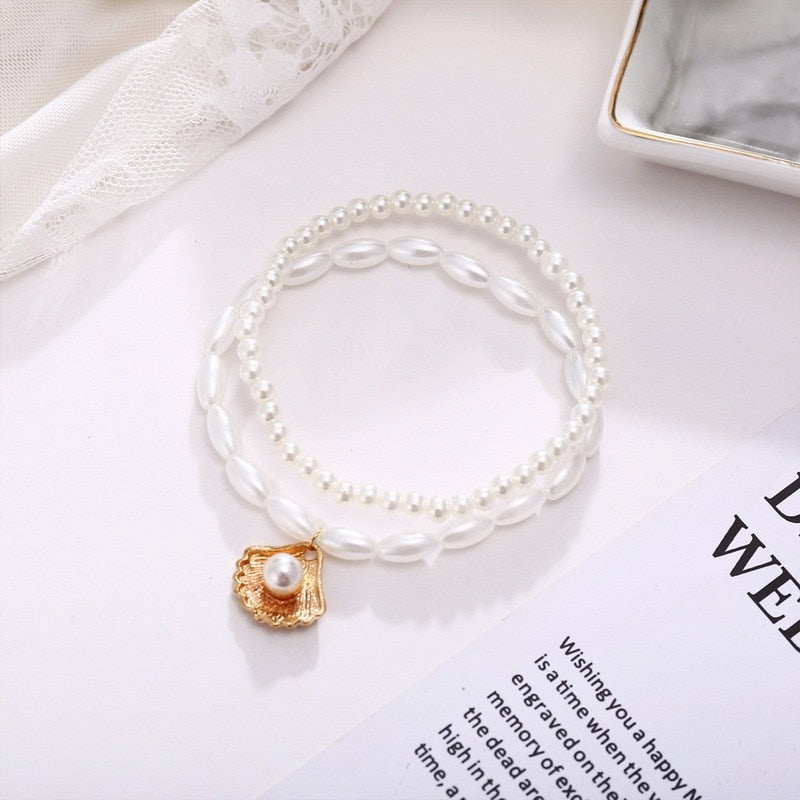 Shell Pendant Ankle Bracelet Faux Pearl Leg Anklets