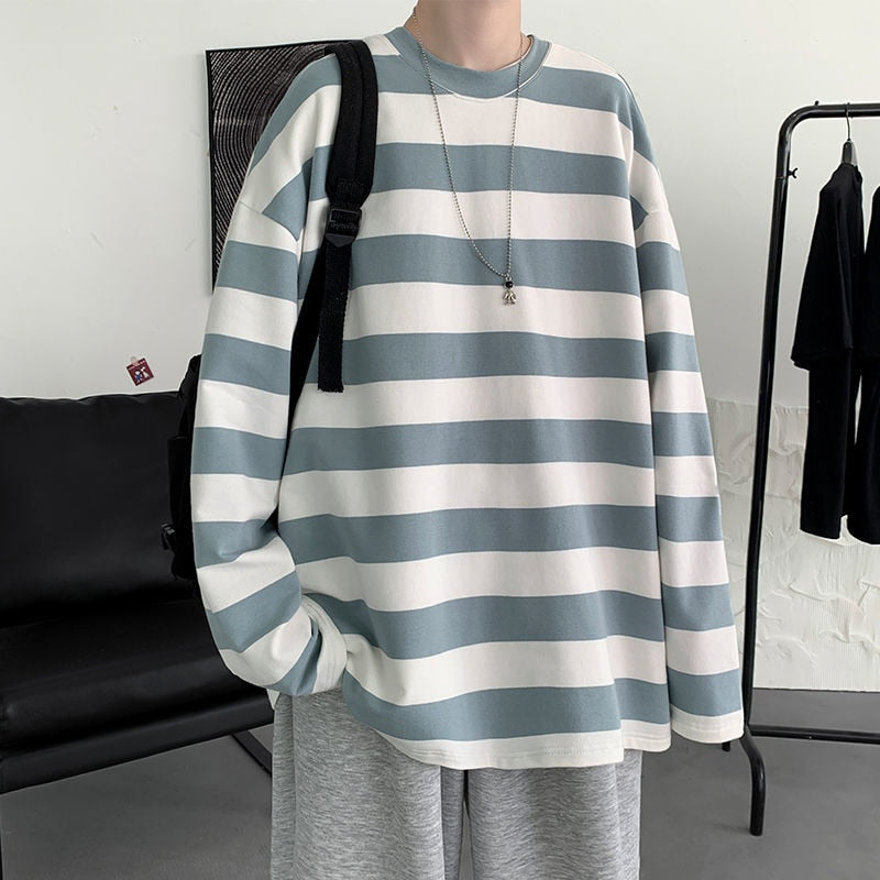 Striped T shirts Men Tees Casual Long Sleeve Tshirt Loose Pullovers Tops