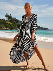 Zebra Striped Bikini Cover-ups Casual V-neck Side Split