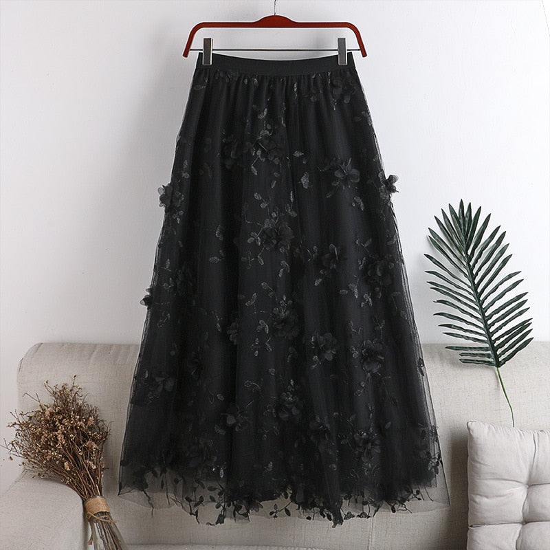 Women Floral Tutu Tulle Mesh Skirts Spring Elastic High Waist