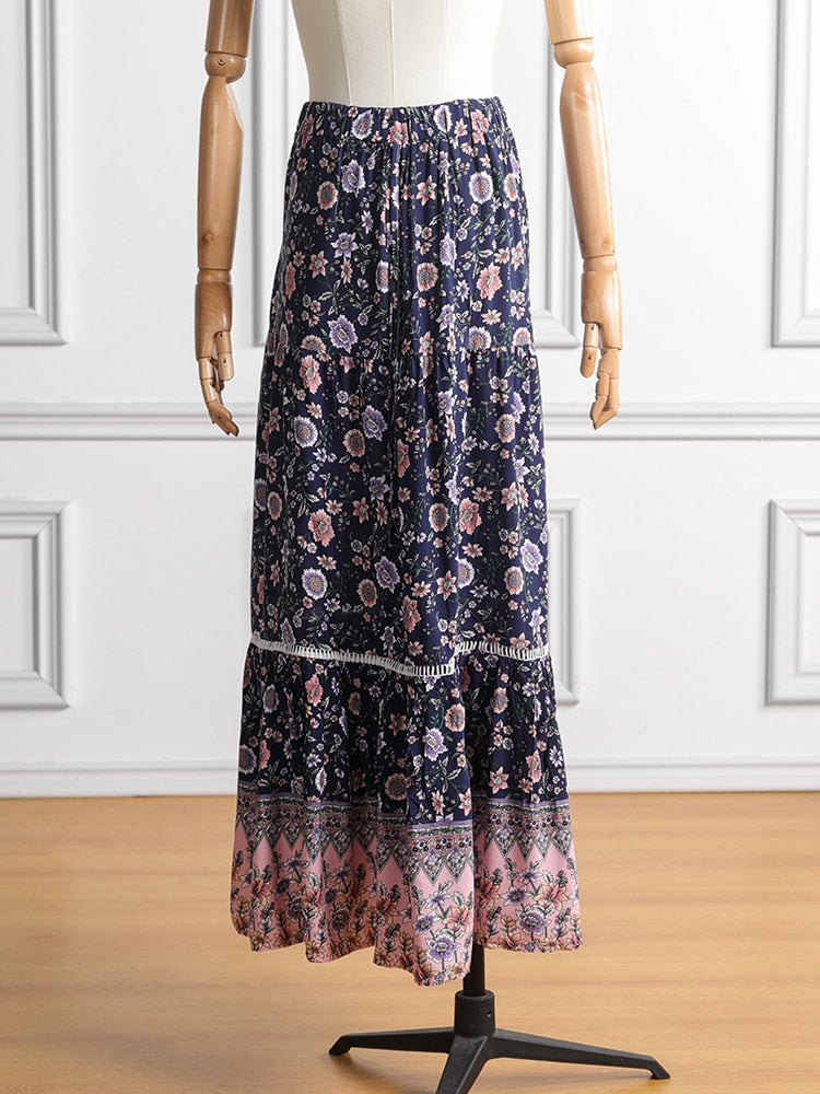 Boho Long Floral Printed Vintage Beach Holiday A Line Skirts