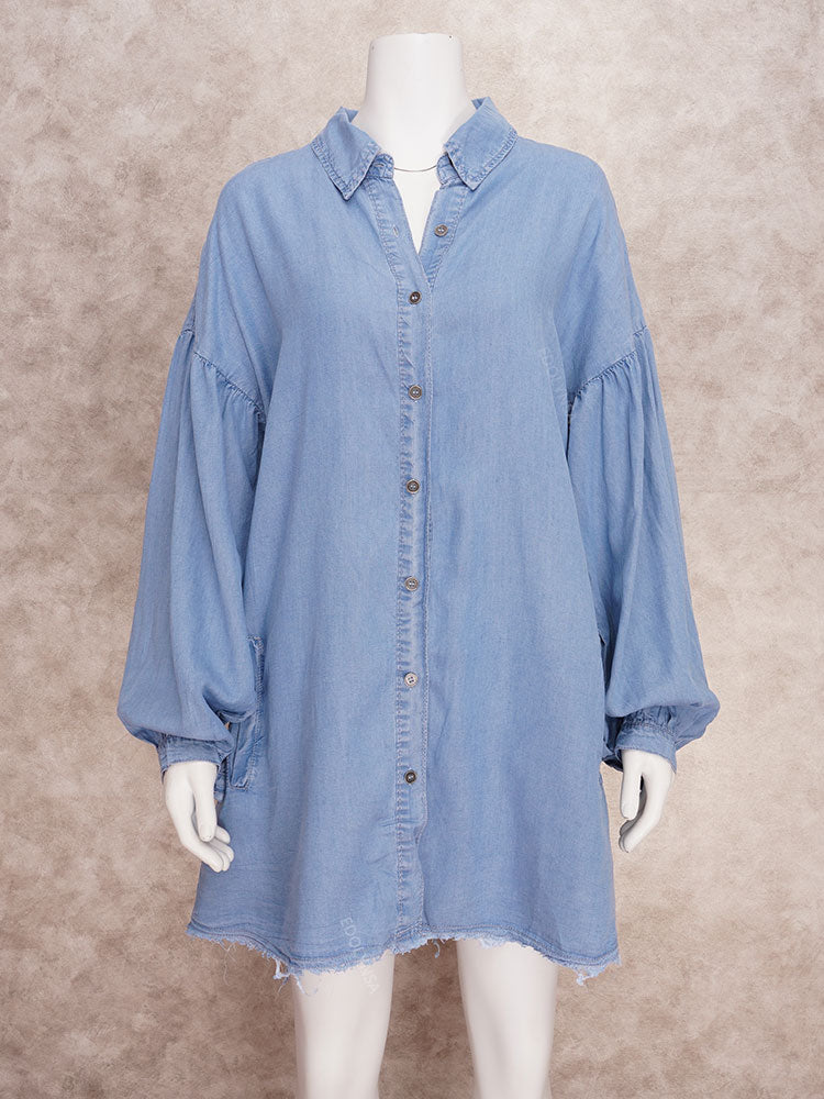 Light Blue Denim Shirt Dress Sexy Button Long Sleeve Mini Dresses