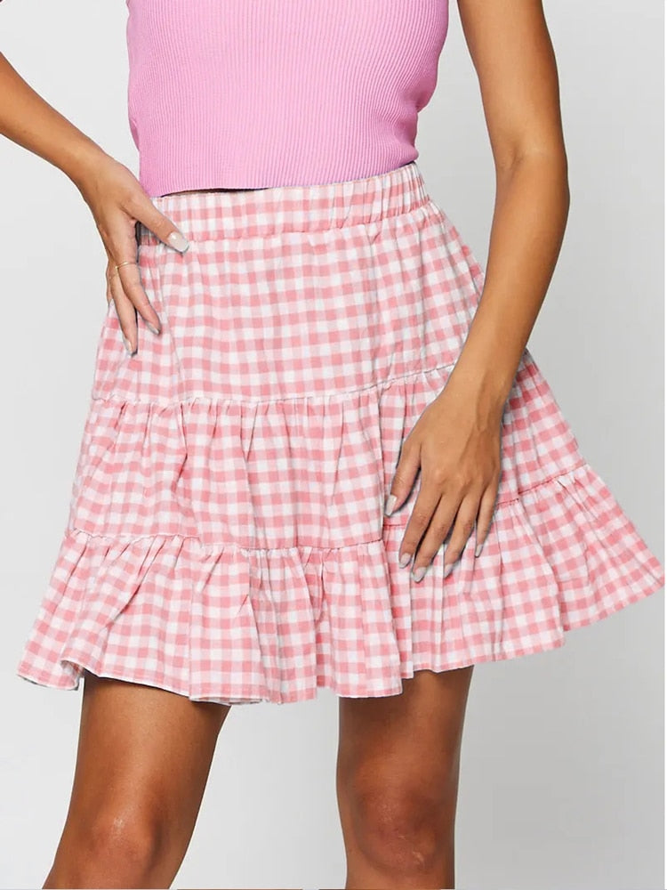 Women Plaid Print Pink Sweet Skirt High Waist Pleated