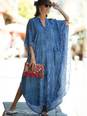 Casual Bikini Cover-ups Blue Tunic Sexy Striped Front Open