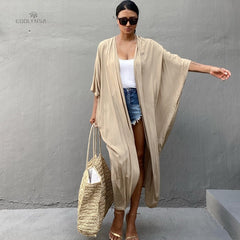 Bikini Cover-ups Retro Long Kimono Dress White Tunic