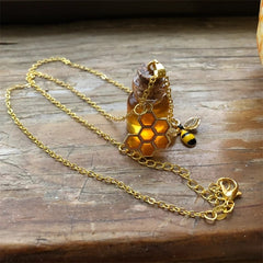 Honey jar Pendant Necklace Gold bee and honeycomb