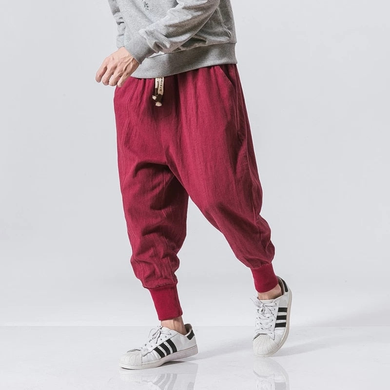 Linen Pants Men Waist Joggers Baggy Drop-crotch Pants Casual Trousers