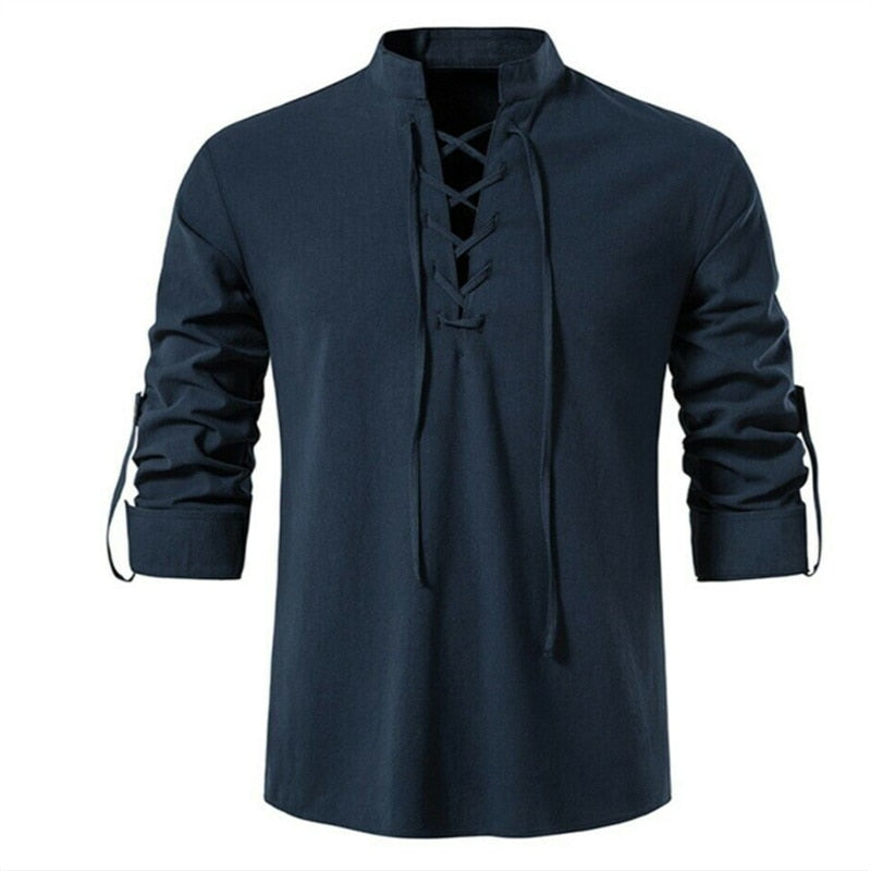 Men V-neck shirt T-shirt Thin Long Sleeve Top Breathable Front Lace Up Shirts