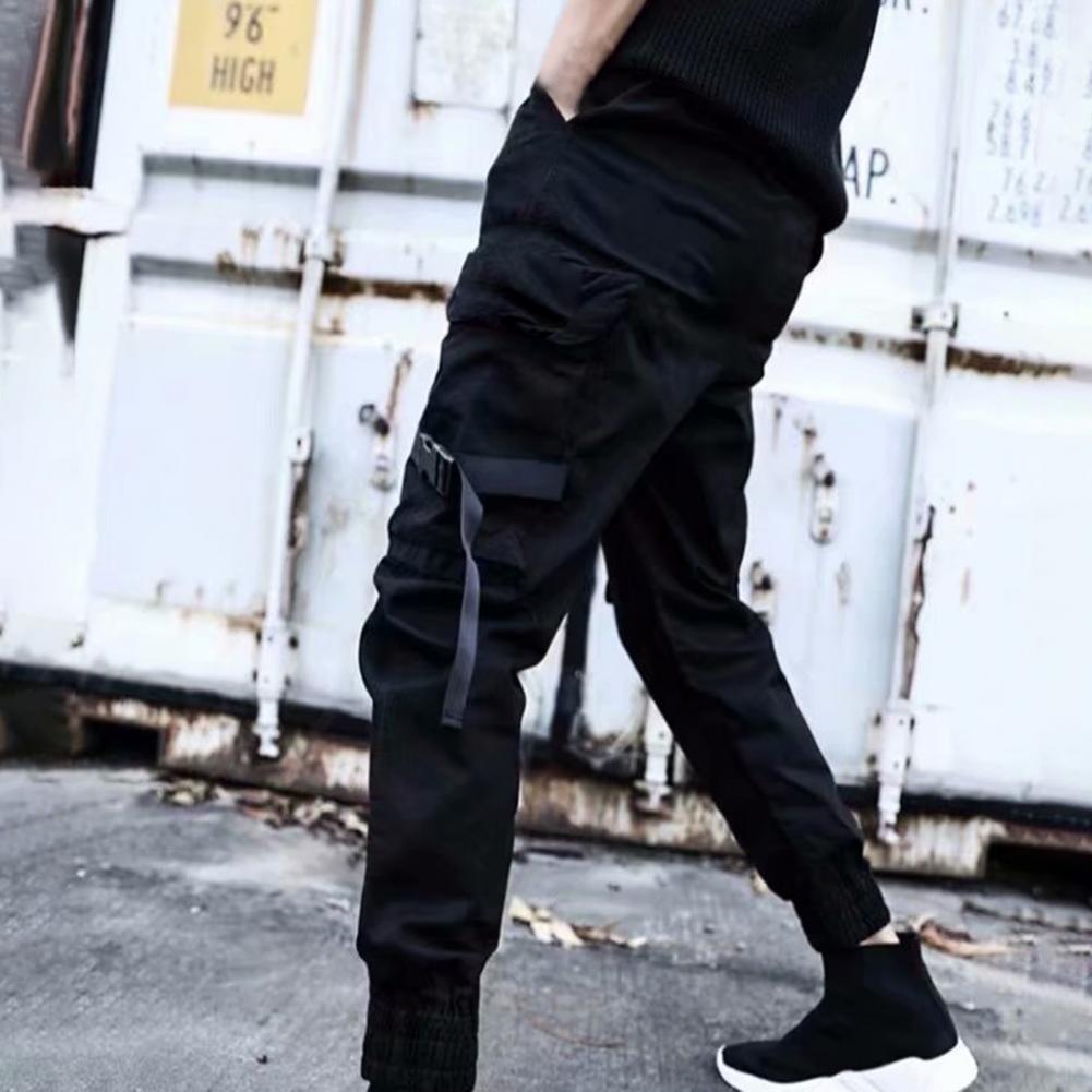 Men Cargo Pants Multi Pockets Hip Hop Jogger Pants Ankle-banded Waist Trousers