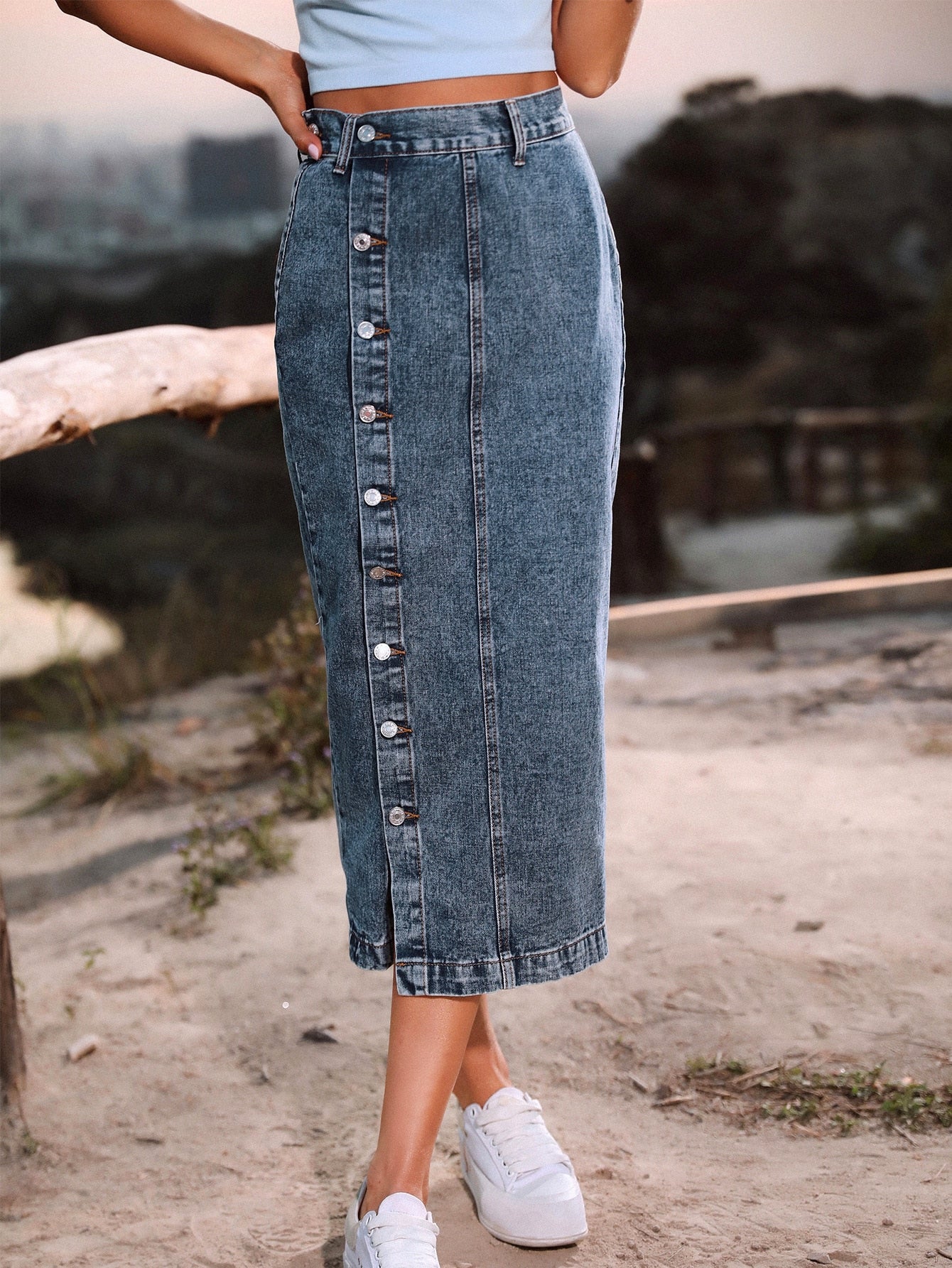 Single Breasted Knee Length Denim Skirt