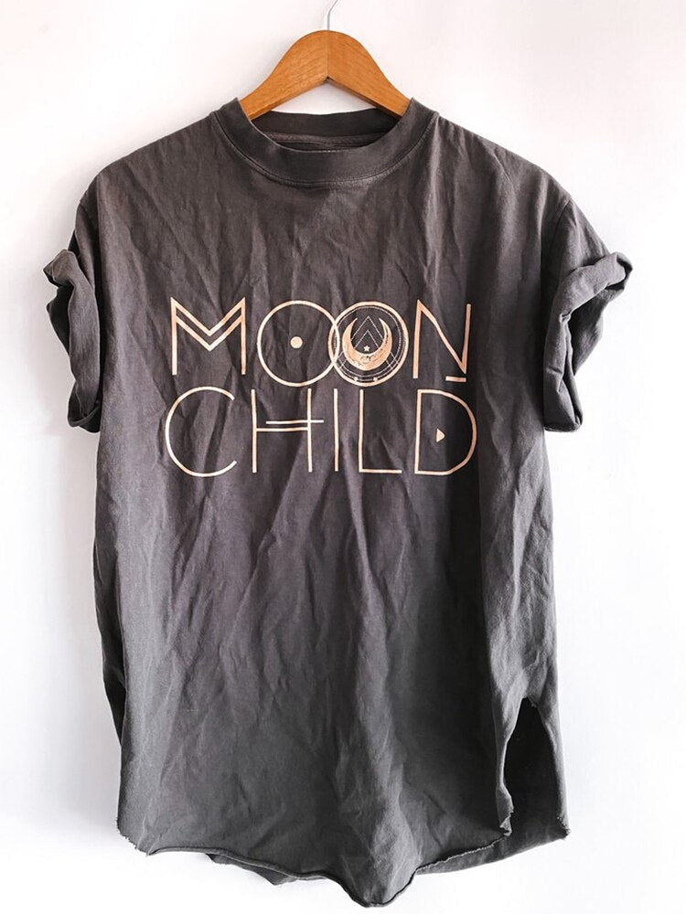 T Shirts Moon Child Print Drop-shoulder Vintage Tee Shirt