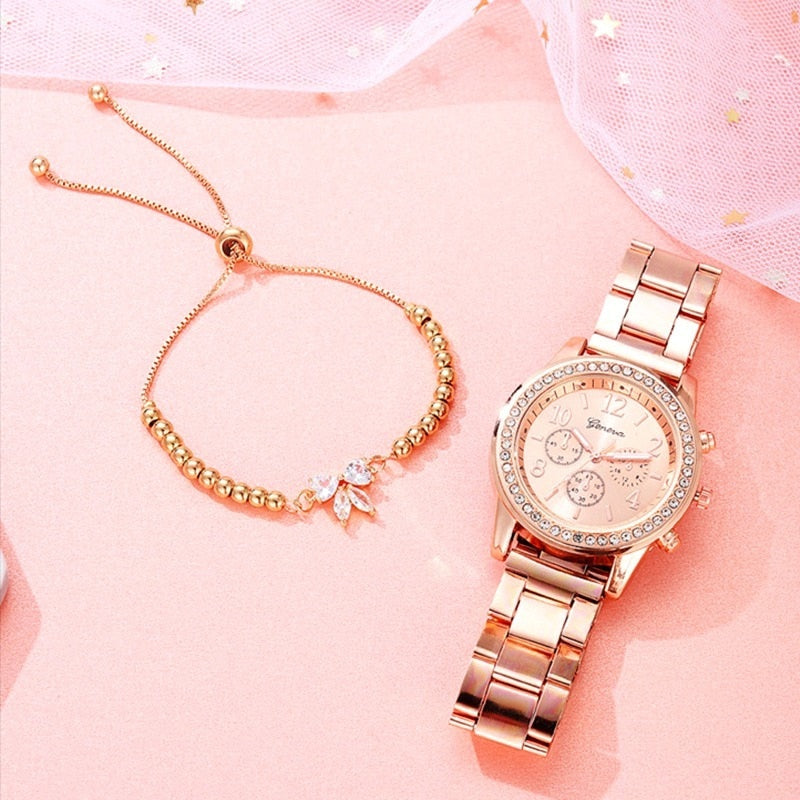 Rhinestone Rose Gold Watch Women Top Ladies Casual Quartz Watch