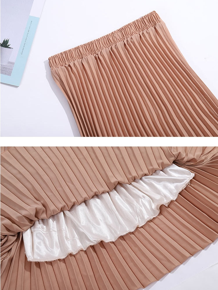 Fashion Pleated Midi Long Skirt Koran Casual High Waist Skirts