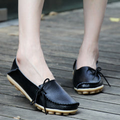 Flats Shoes Loafers Leather Female Slip on Ballet Bowtie Low-top