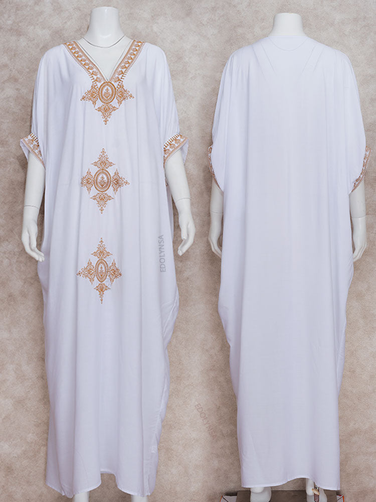 Elegant Gold Embroidered Kaftan Retro V-neck White Dress