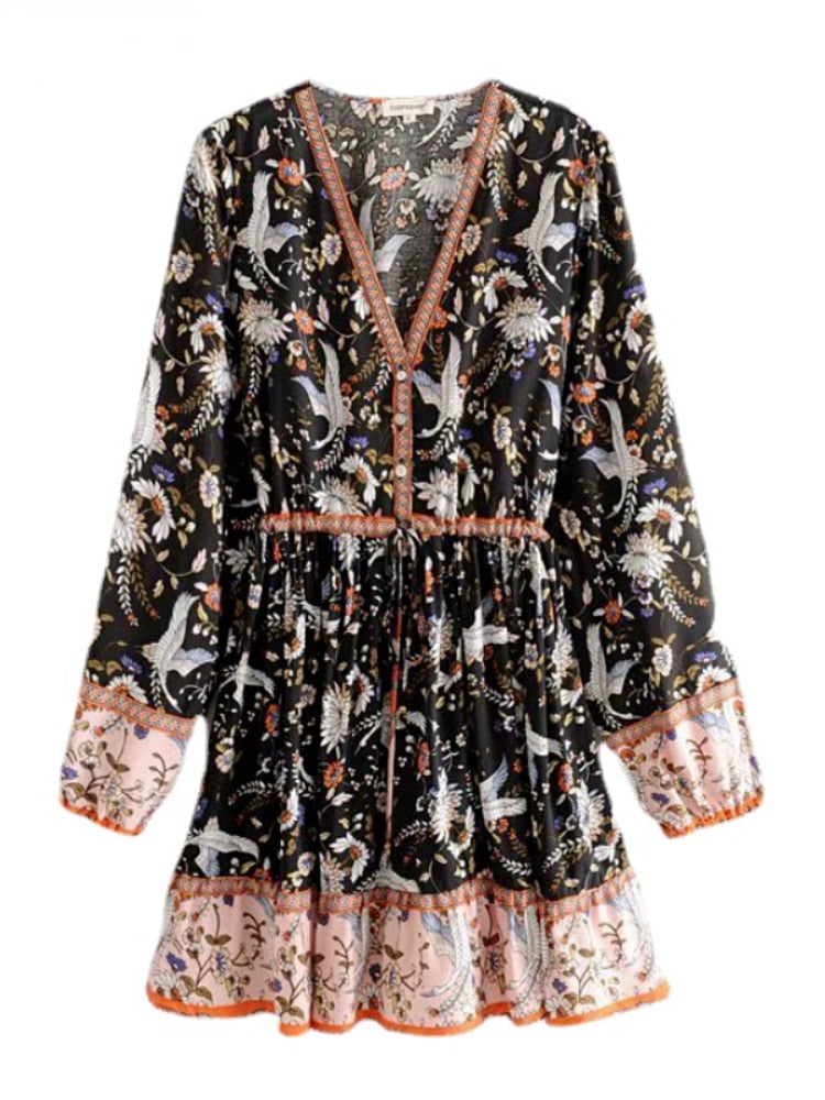 Crane Floral Print Long Sleeve Beach Bohemian Mini Dresses