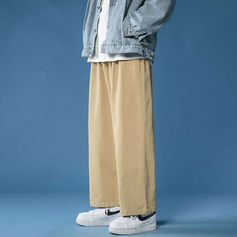 Casual Pant Men Baggy Wide Leg Pants Ankle Length Waist Loose Straight Trousers