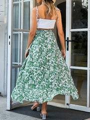 Boho Chiffon Sweet Long Skirt Women Summer Green Print Belt Ruffle