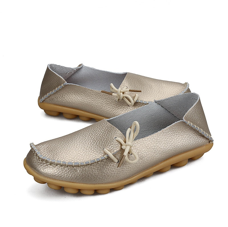 Flats Shoes Loafers Leather Female Slip on Ballet Bowtie Low-top