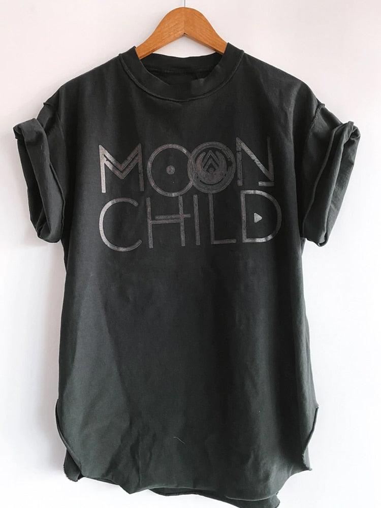 T Shirts Moon Child Print Drop-shoulder Vintage Tee Shirt