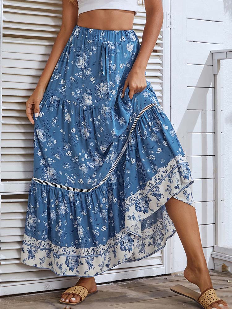 Floral Printed Bohemian Elastic High Waist  Midi Skirt Vintage