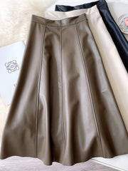 Fashion Vintage PU Leather Midi Long Skirt Women High Waist A Line Skirt