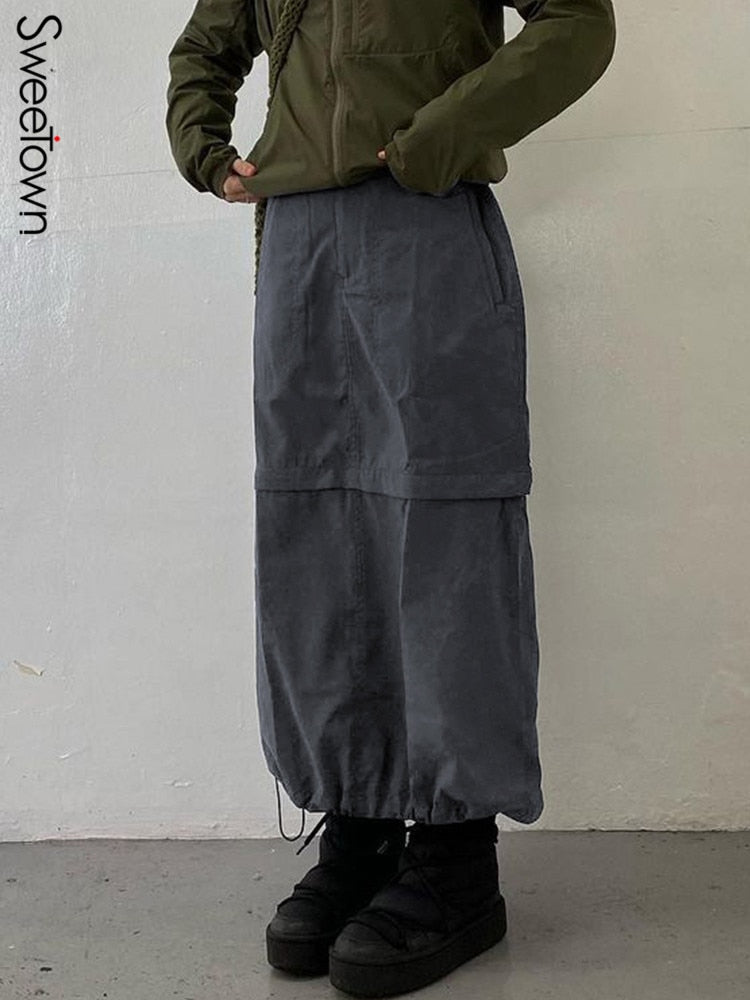 Gray Casual Baggy Loose Size Cargo Skirts Big Pockets Streetwear