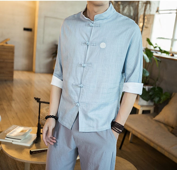 Chinese Style Mens Tops Tang Suit Linen Half Sleeve Solid