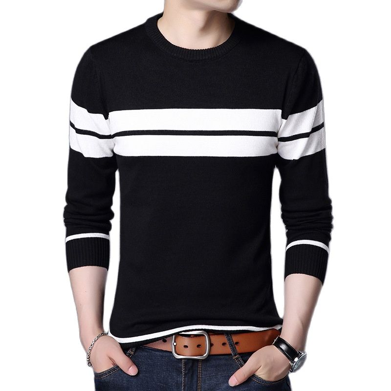 Men Knitted Sweater Comfy O Neck Long Sleeve Pullover Stripe Jumper Bottoming Shirt