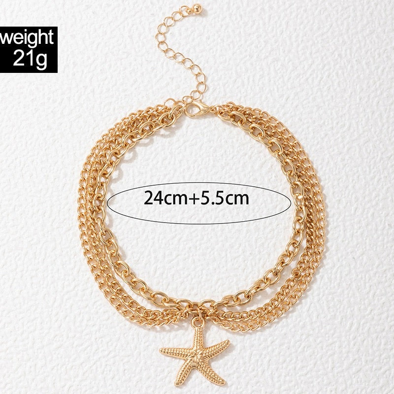 Boho Classic Snake Chain Bracelet Anklet Charms Tassel Starfish Heart