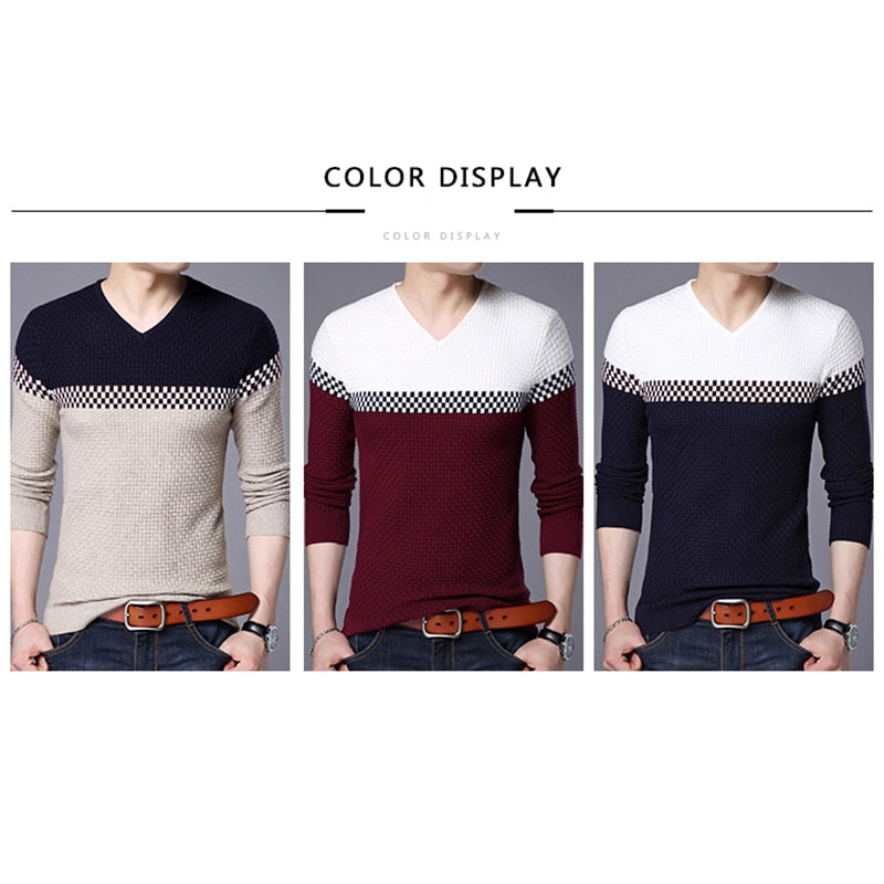 Men Sweater Business Leisure Sweater Pullover V-neck Fit Slim Sweaters Knitted