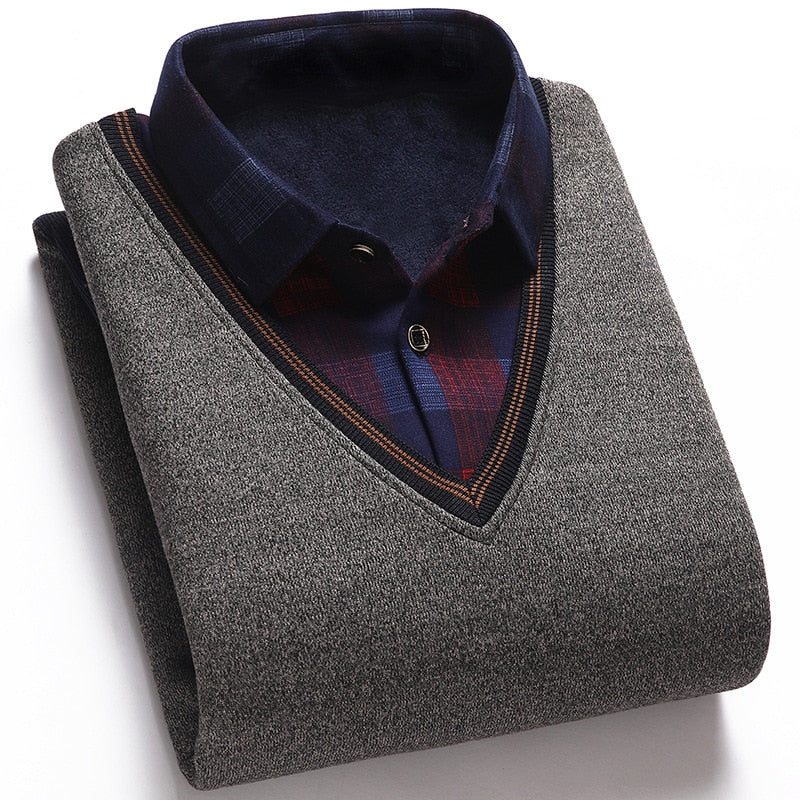 Men Wool Shirt-Neck Sweater Plaid Solid Thickened Warm Fleece