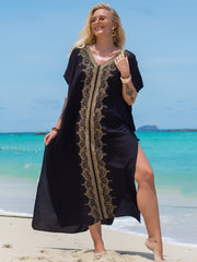 Elegant Gold Embroidered Kaftan Long White Tunic Loose Maxi Dress