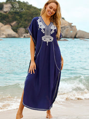 Embroidery Cotton Beach Kaftan Cover up Saida de Praia Swimsuit