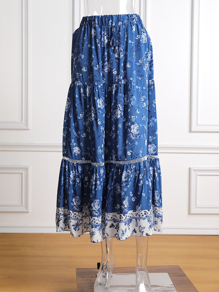 Floral Printed Bohemian Elastic High Waist  Midi Skirt Vintage