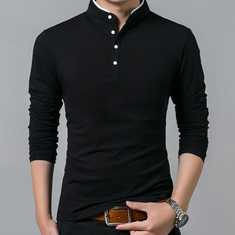 Men’s Pure Tshirts Collar Long Sleeve Comfy Shirt Single-breasted Soft