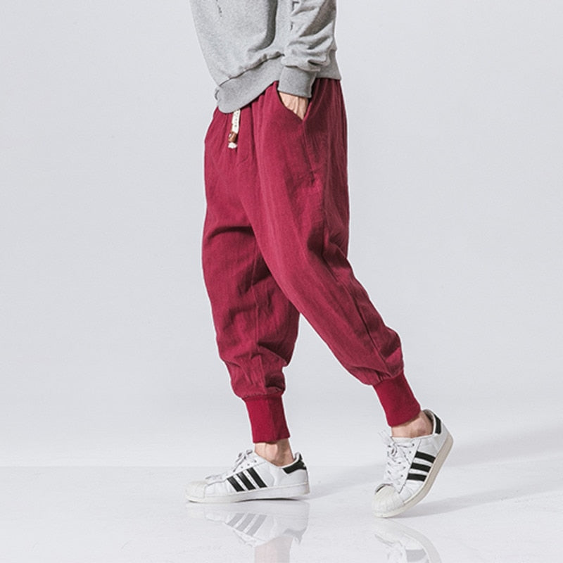 Men Linen Pants Streetwear Casual Joggers Elastic Waist Trouser