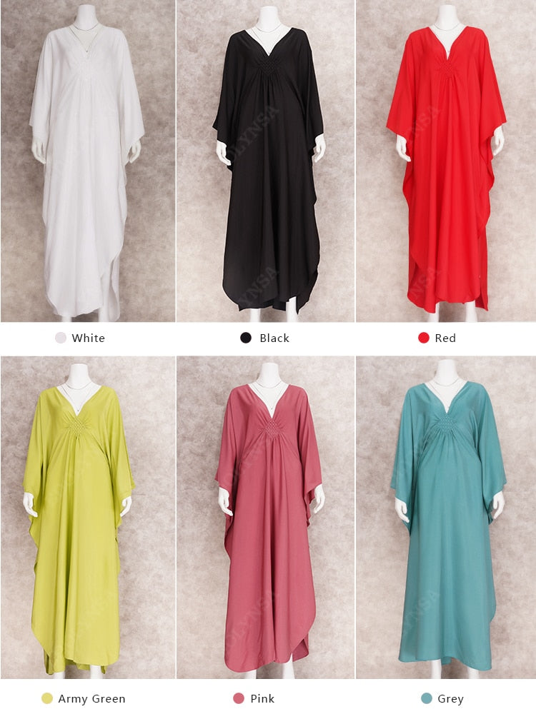 Solid V-neck Batwing Sleeve Plus Size Loose Maxi Dress