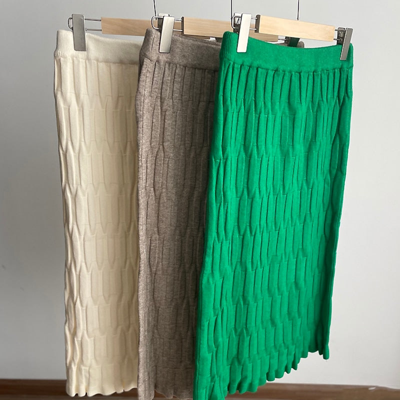 Solid Elastic Straight Knitted Winter Warm All-match Skirts