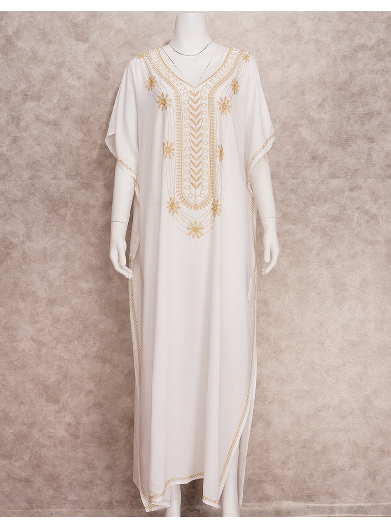 Elegant Gold Embroidered Kaftan Long White Tunic Loose Maxi Dress