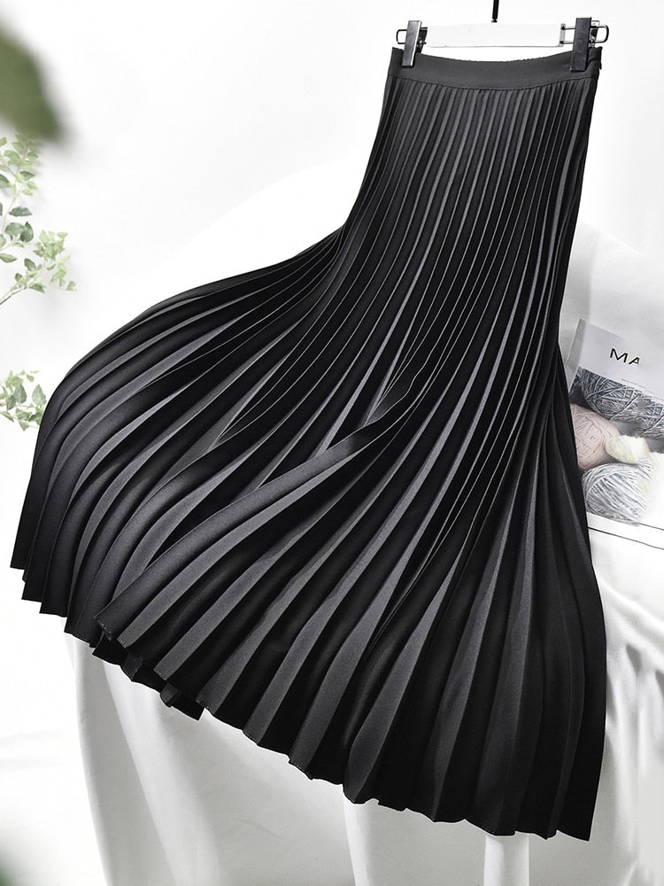 Elegant Chic Solid Pleated Skirt High Waist Luxury Fashion