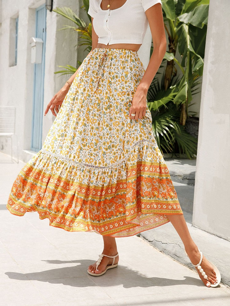 Boho Retro Floral Print Skirts Women High Waist A-Line