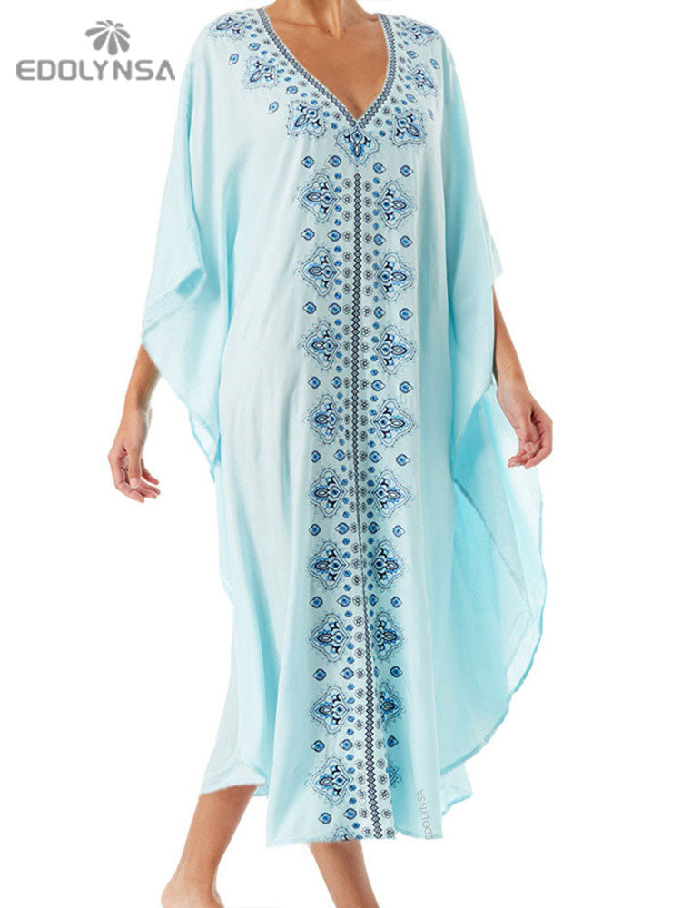 Embroidery Cotton Beach Kaftan Cover up Saida de Praia Swimsuit