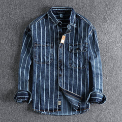 woven striped washed used denim men shirt