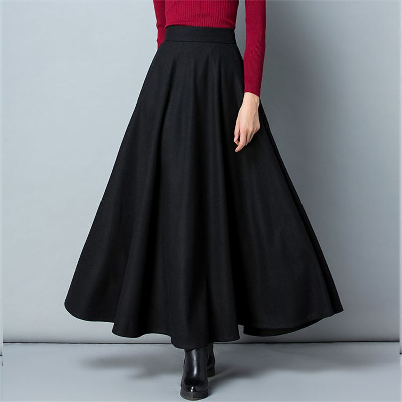 Winter Women Long Woolen Skirt Fashion High Waist Basic Wool Skirts