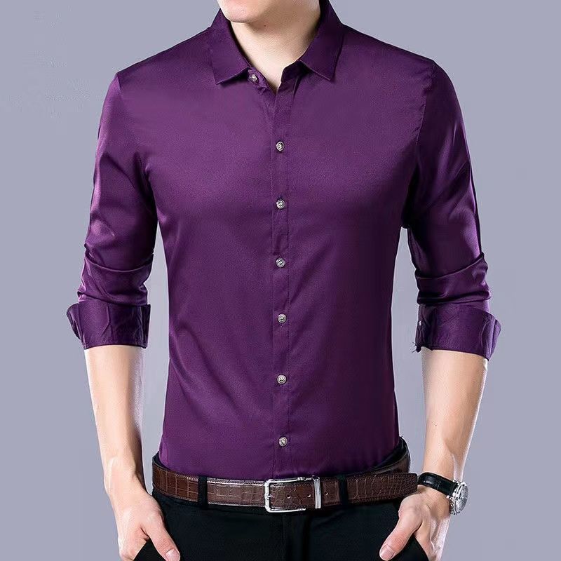 Men Thin Plaid Smooth Shirts Long Sleeve Lapel Loose Business Tops