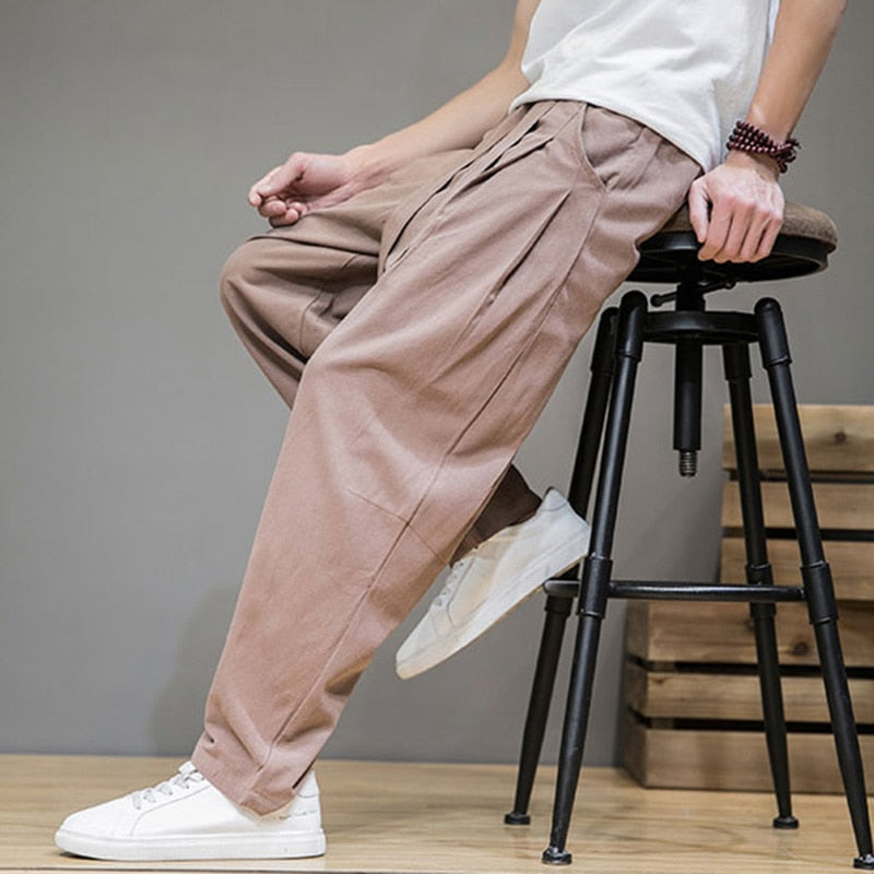 Linen Pants Men Elastic Waist Casual Harem Pant Loose Sweatpants Trousers