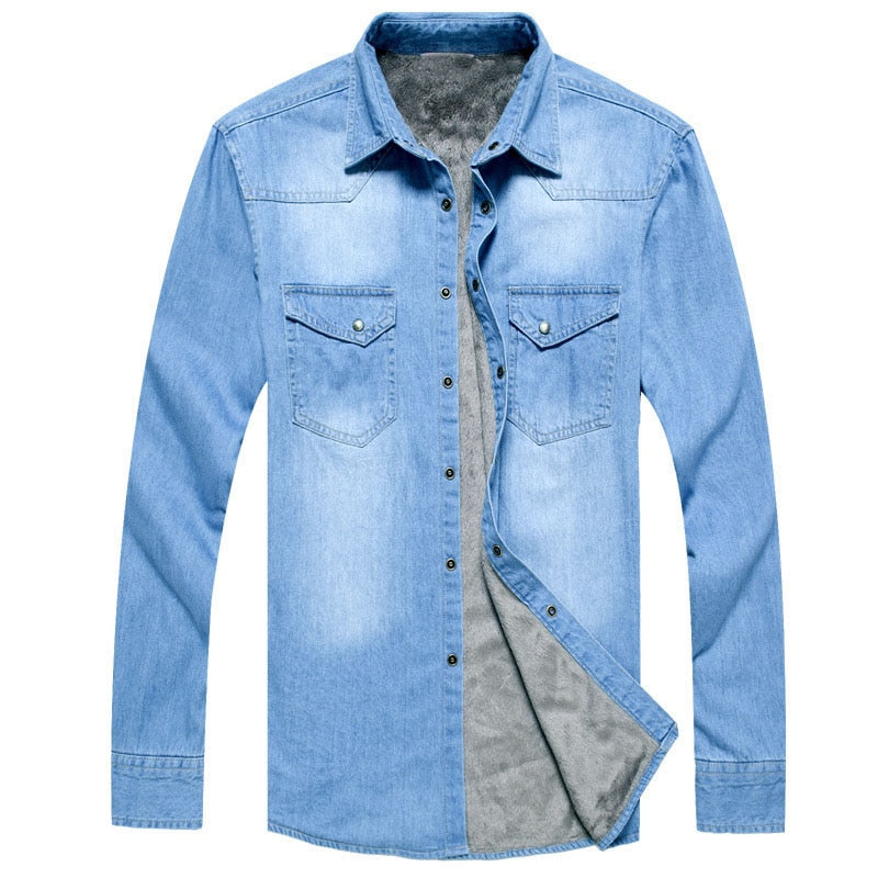 Jeans Dress Shirt Men Fleece Lined Shirts Button Down Bottoming Shirt