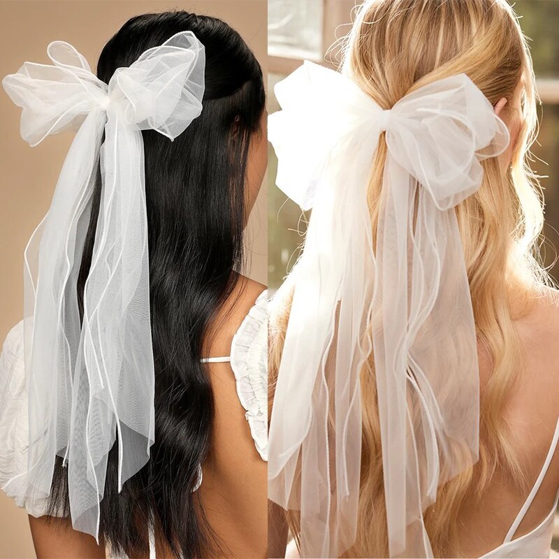 White Oversize Bow Hairpin Net Yarn  Bowknot Ribbon Hair Clip