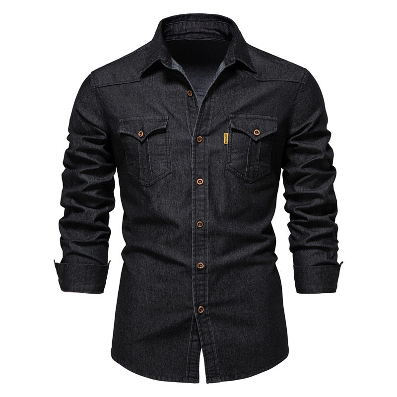 Long Sleeve Denim Shirts Pocket Men Shirts Streetwear